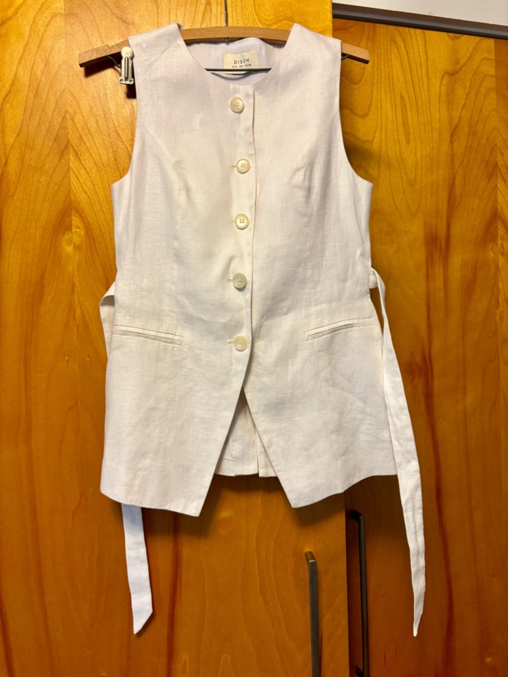 DISSH Alessia White Linen Vest Button Down Top with Belt - Picture 2 of 11